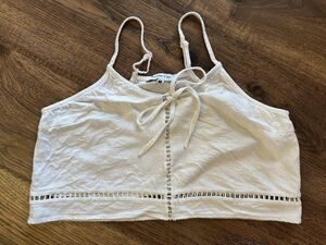 Harper & Me Linen Blend Crop Top White Lace Trim Tie Front Size 10